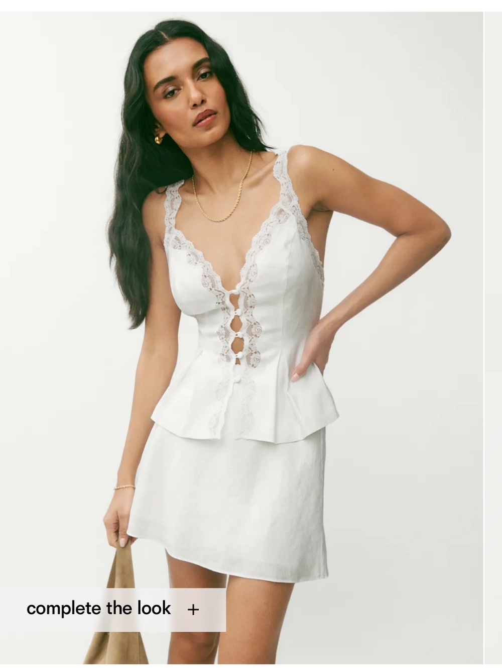 Reformation Josefina White Lace-Trim V-Neck Corset Tie Back Blouse
